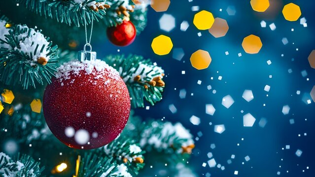 Red balls decoration and green Christmas tree on dark blue snowy snine background. Winter template, banner concept for Christmas, New Year and sale season. Web card and backdrop with space for text