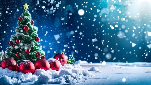 Red balls decoration and green Christmas tree on dark blue snowy snine background. Winter template, banner concept for Christmas, New Year and sale season. Web card and backdrop with space for text