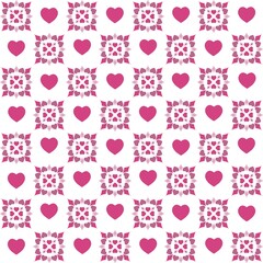 Valentine’s Day seamless pattern design, hearts and rhombus in flowery composition.