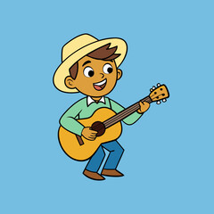 the boy is playing the guitar