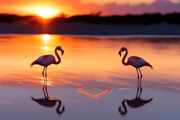 Naklejka premium Two flamingos stand gracefully in a serene sunset reflecting on water, creating a romantic scene with heart-shaped ripples.