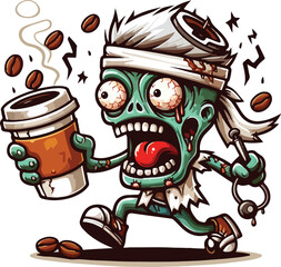 Coffee Craving Zombie: A cartoon zombie with a bandage on his head runs with a coffee cup in his hand, his eyes wide with excitement. Coffee beans and stars surround him.