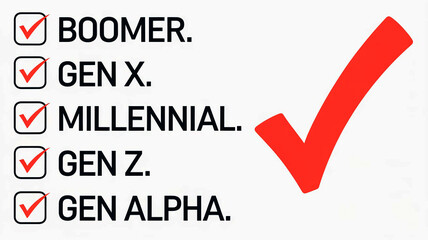 The image displays a checklist with five generational categories: Boomer, Gen X, Millennial, Gen Z, and Gen Alpha.