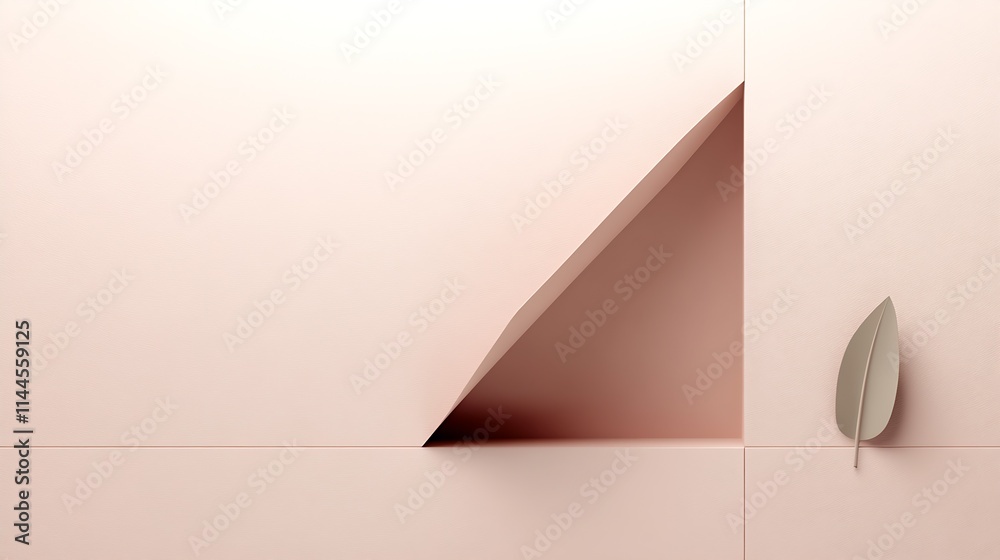 Poster Geometric Abstract Art with Triangular Cutout and Leaf Element in Soft Pastel Tones : Generative AI
