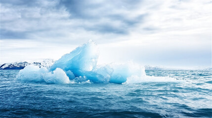 A stunning icy glacier floating in the cold ocean under a cloudy sky. This majestic natural landscape evokes awe, serenity, and the fragility of the environment.