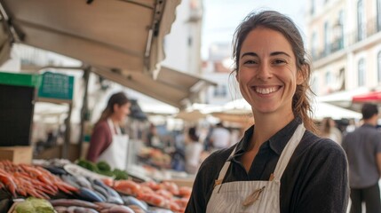Smiling Vendor at a Vibrant Outdoor Market