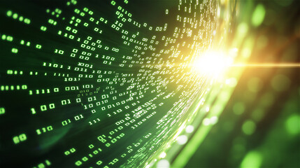 Abstract representation of data flow in a green digital matrix with glowing particles and binary code, symbolizing technology, information, and innovation.