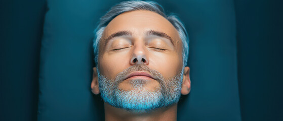 serene man with gray hair and beard lies peacefully on bed, eyes closed, conveying calmness and relaxation