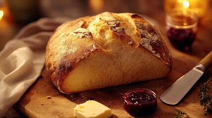 A rustic loaf of freshly baked sourdough bread, surrounded by butter, jam, and a knife on a wooden cutting board with warm lighting. 