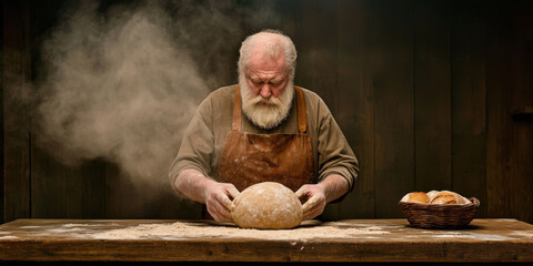 baker shaping artisan bread dough on wooden table, surrounded by flour and freshly baked rolls. scene captures dedication and craftsmanship of baking