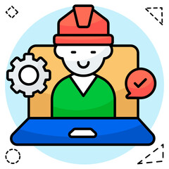 Avatar wearing hard hat inside laptop, icon of online labor
