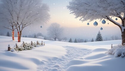 Fototapeta premium Enchanting Christmas Decorative Landscape: Snowy Scene with Festive Lights, Trees, and Holiday Charm