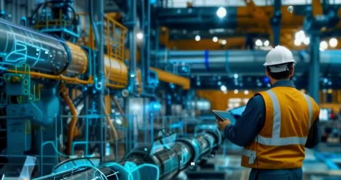 A worker and a petroleum engineer inspect a pipeline at an upstream oil and gas facility. Project engineers collaborate while overseeing production in a modern Industry 4.0 factory.