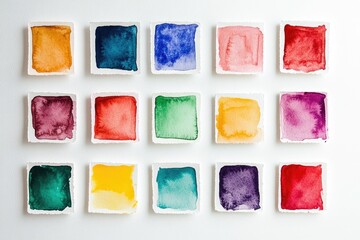 A collection of vibrant watercolor paint swatches in various colors arranged in a grid pattern.
