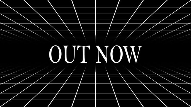 Glowing white color Out now text Glitch effect animation isolated on stylish 3D grid background.