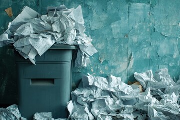 Crumpled paper clutter surrounds a waste bin in a neglected room with chipped walls
