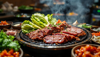 Obraz premium Sizzling Korean BBQ Platter with Sides