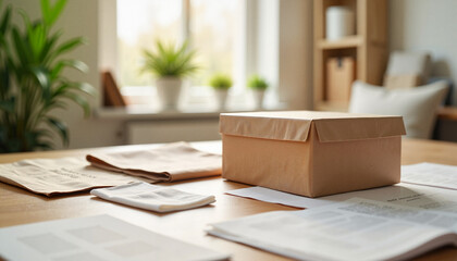 Cardboard box and papers on table in sunny room
