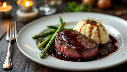 Pan-Seared Filet Mignon with Mashed Potatoes and Asparagus