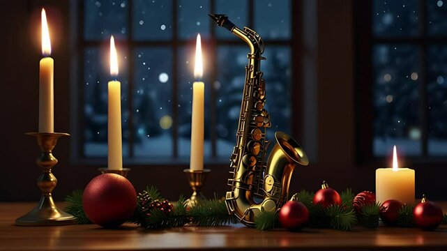 A burning candle and a clarinet. Seamless 4K looping timelapse video animation background