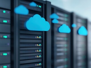 Close-up of server racks with bright blue cloud symbols, symbolizing cloud computing and data storage solutions in modern technology.