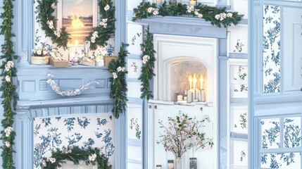 hyper realistic photo of  Serene Toile de Jouy Pattern of Botanical Flourish in Rural French Countryside Setting , isolated on white background,  , copy space, copy space for text,