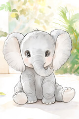 Illustration of a baby elephant sitting on a soft watercolor background. The cartoon style adds charm and whimsy, perfect for children’s content or creative designs.