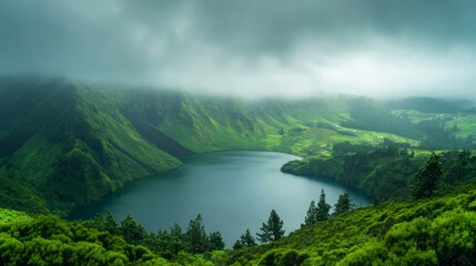 Serene Mountain Lake in a Misty Valley