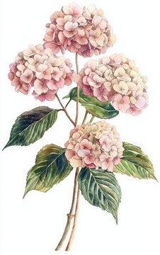 Watercolor illustration of soft pink hydrangeas, isolated on white background