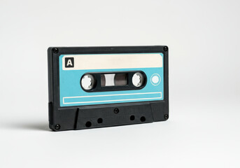 Obraz premium Vintage audio cassette tape with a blue label on a white background