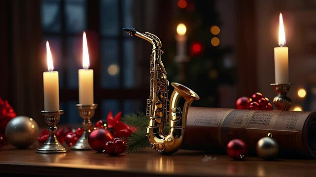 A burning candle and a clarinet. Seamless 4K looping timelapse video animation background