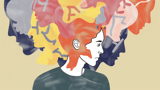Artistic illustration showing a person surrounded by multiple silhouette head symbols, symbolizing auditory hallucinations related to schizophrenia.