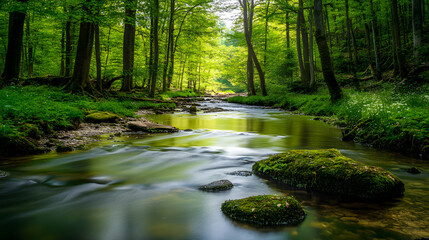 Obraz premium A river flowing through a spring forest.