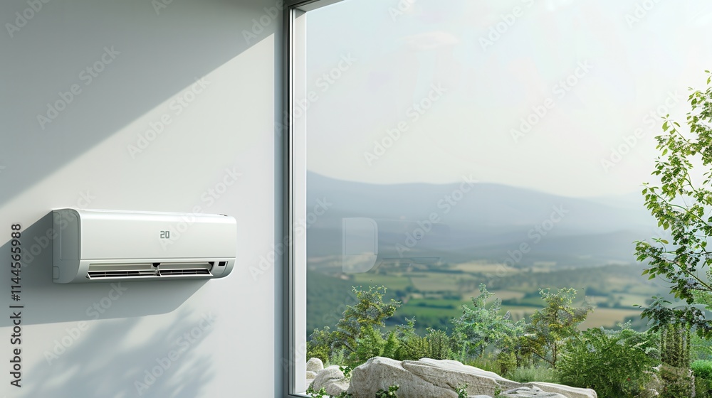Aufkleber Wall mounted air conditioner installed in room with open window and scenic mountain view during daytime. Generative AI