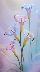 Cool Vibrant spectrum calla lilies featuring a stunning array of colors, elegant floral display captures with delicate petals transitioning through a spectrum of hues. Created with generative AI