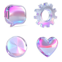 Set of stylish 3D icons with glossy effect: speech bubble, gear, heart, circle in transparent design with gradient reflections, futuristic minimalist style, modern interfaces, graphic design, white