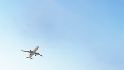 ULTRA HD. Airplane flies in blue sky. Travel, tourism. Airplane takes off against the background of blue sky.	
