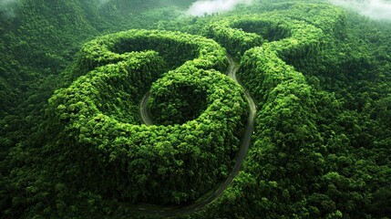 Obraz premium Aerial view of a winding road through lush green forest.