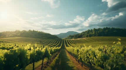 Fototapeta premium A sunny vineyard with soft natural light, space on the left for creative design,generative ai illustration