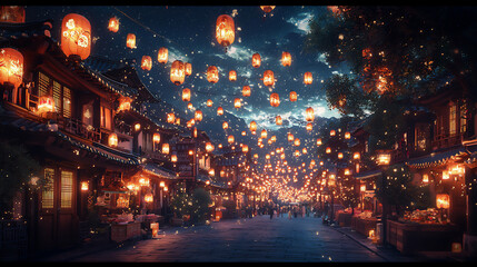  a vibrant korean street festival scene filled with hanging lanterns,