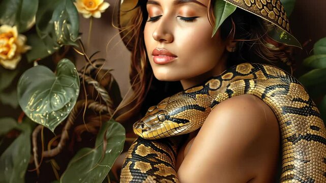 A woman hugs a snake in nature. Selective focus. animal.
