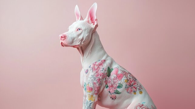 A tattooed dog posing against a pink background.