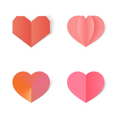 Set of hearts made of paper in origami style