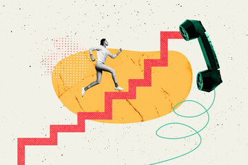Creative art banner collage of happy girl run career ladder growth telephone handset call center...