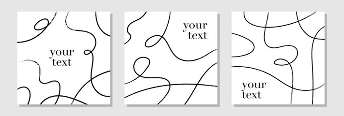 Set of creative freehand cards. Hand drawn curves abstract background template