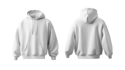 Set of white front and back view tee hoodie hoody sweatshirt on transparent background cutout, PNG file. Mockup template for artwork graphic design