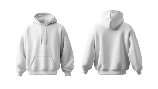 Set of white front and back view tee hoodie hoody sweatshirt on transparent background cutout, PNG file. Mockup template for artwork graphic design
