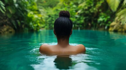 Serene Woman in Tranquil Water Surrounded by Lush Greenery, Capturing the Essence of Relaxation and Natural Beauty in an Idyllic Tropical Paradise