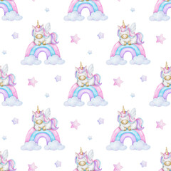 Unicorn Sleeping on Rainbow, stars and clouds. Watercolor nursery seamless surface pattern design. Cute baby background for kid's goods, clothes, textiles, packing paper, baby shower, children's room