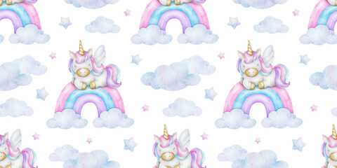 Obraz premium Sleeping unicorn, rainbow, stars and clouds. Watercolor nursery seamless pattern. Cute baby background with fairy tale pony for girl's goods, clothes, textiles, poster, baby shower and children's room